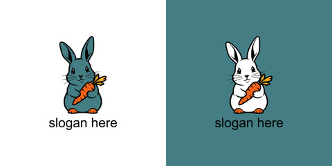 Cartoon rabbits holding carrots on contrasting backgrounds with text slogans below