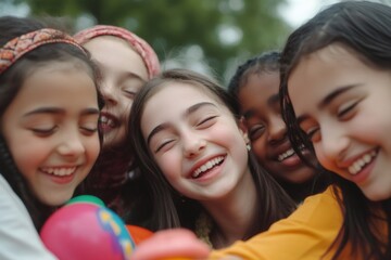 Young diverse girls smiling and laughing, embracing close together. Representing childhood, community, and joy