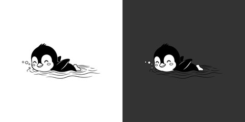 Cartoon penguin swimming happily in water, with playful bubbles and a cheerful expression