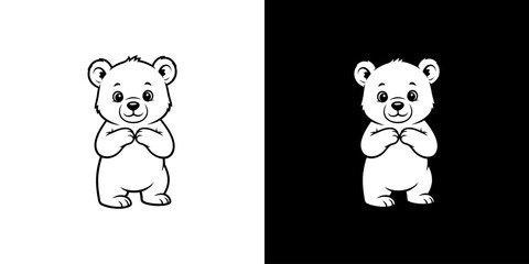 Cute cartoon bear character standing with paws clasped, set against contrasting black and white backgrounds