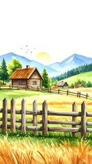 Watercolor landscape with a cabin, mountains, and a wooden fence