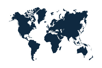 Stylized dark blue world map silhouette on white background for global concepts
