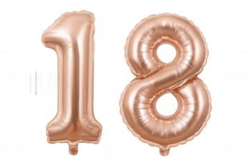 Rose gold metallic inflated foil balloon number 18. Representing ages, anniversaries, or special celebrations on transparent background