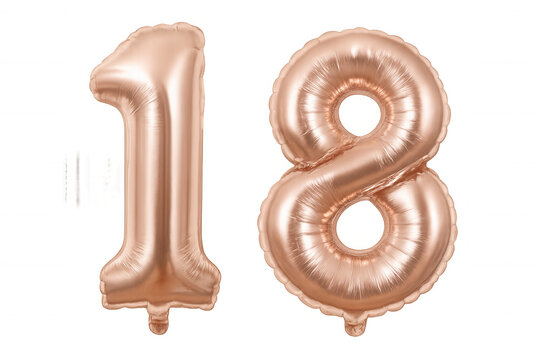 Rose gold metallic inflated foil balloon number 18. Representing ages, anniversaries, or special celebrations on transparent background