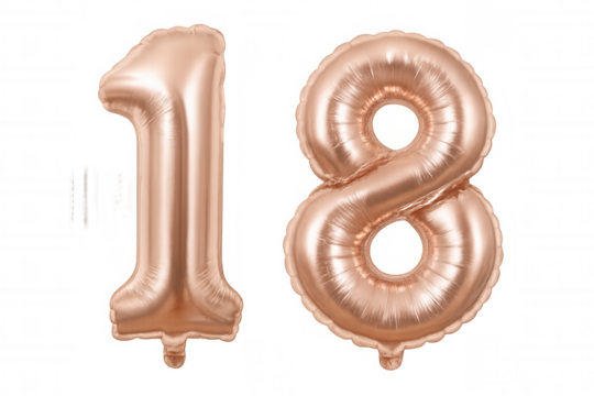 Rose gold metallic inflated foil balloon number 18. Representing ages, anniversaries, or special celebrations on transparent background