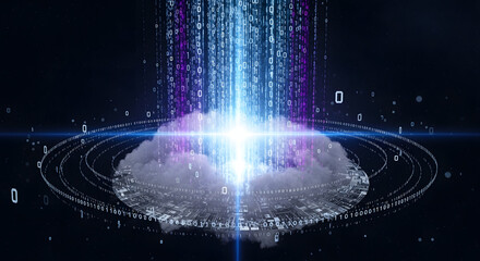 Digital cloud with binary code rain and circular data streams on a dark blue background