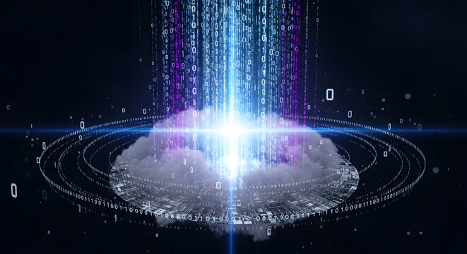 Digital cloud with binary code rain and circular data streams on a dark blue background