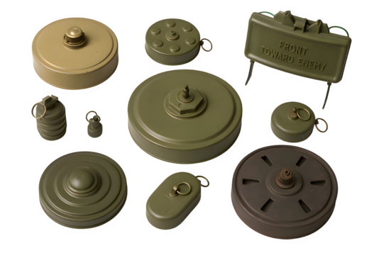 Collection of Land Mines – Anti-Personnel, Anti-Tank, Claymore – Transparent Background