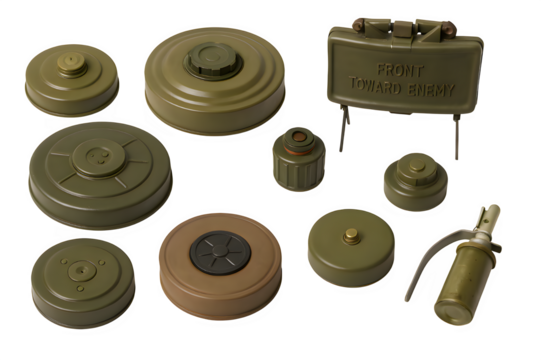 Collection of Land Mines – Anti-Personnel, Anti-Tank, Claymore – Transparent Background