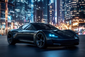 Fototapeta premium Futuristic matte black electric sports car parked in a vibrant night city street with glowing skyscrapers, symbolizing advanced technology