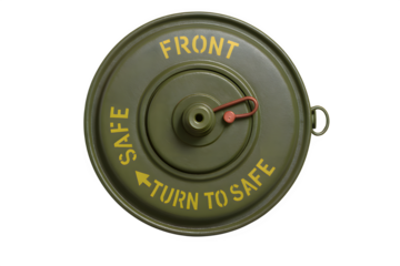 Top View of Green Military Land Mine with Safety Markings – Transparent Background