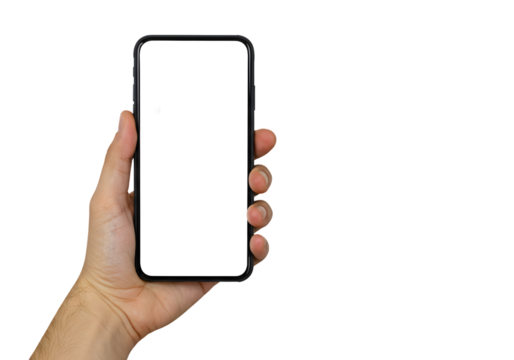 Confident hand holding modern smartphone with blank screen ready for creative design mockups and app previews, perfect for tech presentations and digital marketing campaigns