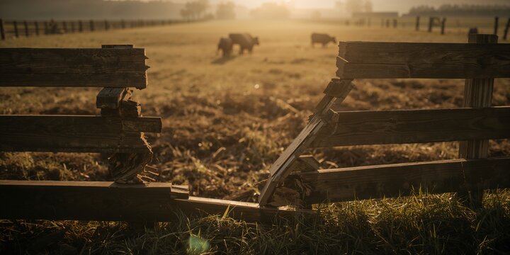 Rustic wooden fence with broken slats, pasture in background, soft golden sunlight at dawn
