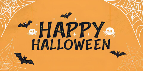 Clean and minimalist Halloween banner with bold black “Happy Halloween” text on a solid orange background. Subtle bat silhouettes and spiderweb accents add a spooky yet stylish touch. Perfect for mode