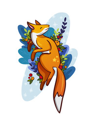 Vector illustration of sleeping orange fox surrounded by leaves and red berries. White background with blue abstract shapes and snowflakes, cozy winter design