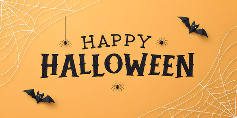 Clean and minimalist Halloween banner with bold black “Happy Halloween” text on a solid orange background. Subtle bat silhouettes and spiderweb accents add a spooky yet stylish touch. Perfect for mode