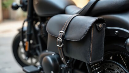 Fototapeta premium Close-up photo of black leather saddlebag attached to motorcycle. Accessory features sleek design emphasizing travel. It ideal detail for bikers, adventure seekers, those interested in custom gear.