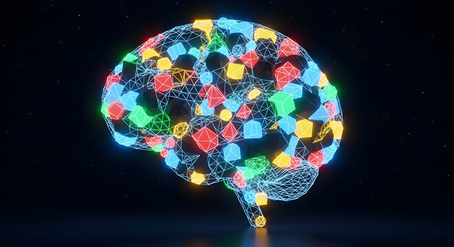 Abstract brain representation with colorful geometric shapes and wireframe structure on dark