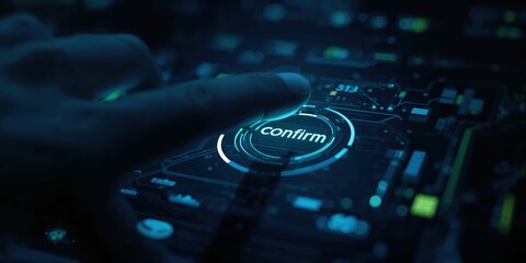 Futuristic hand interacting with a holographic interface displaying digital controls and data