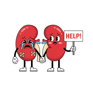 Sad cartoon kidneys holding hands, one crying, one holding help sign, isolated on transparent background