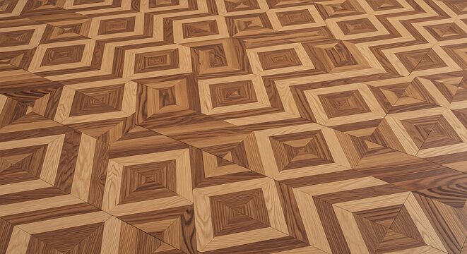 Detailed parquet flooring pattern with light and dark wood tones creates texture
