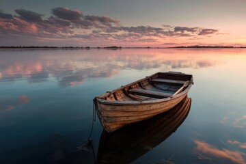 Obraz premium Tranquil Wooden Boat on Calm Water at Sunset