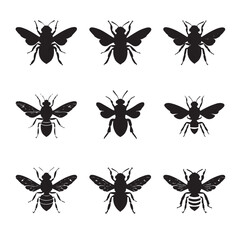 Collection of black and white bee silhouettes