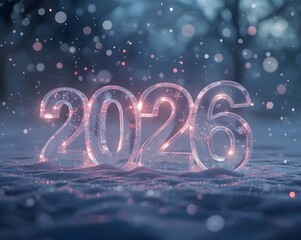 Sparkling 2026 New Year's Eve celebration with crystal numbers in a snowy winter wonderland, offering a touch of elegance and holiday cheer