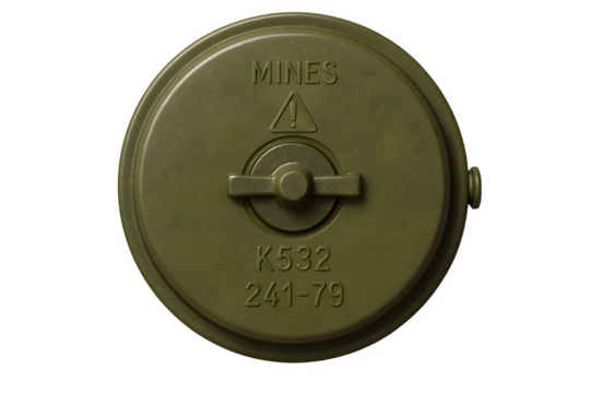 Top-Down View of Green Land Mine with Serial Numbers and Warning Symbols – Transparent Background - Powered by Adobe