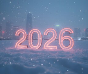 Celebrate 2026 with radiant glowing numbers against a snowy city skyline, sparkling winter holidays and anticipation for future dreams in the new year