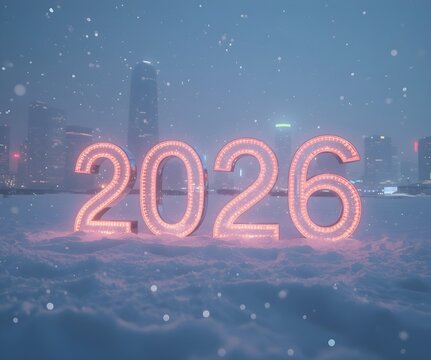Celebrate 2026 with radiant glowing numbers against a snowy city skyline, sparkling winter holidays and anticipation for future dreams in the new year - Powered by Adobe