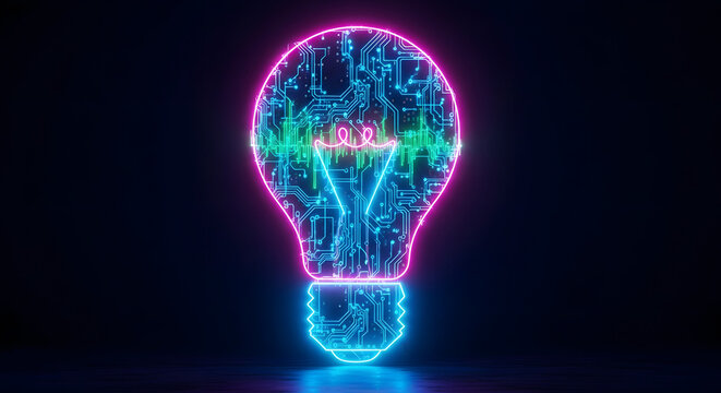 A glowing light bulb with circuit board pattern on a dark background in neon pink and blue