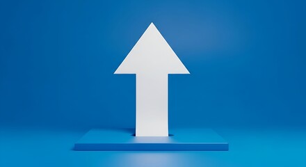 White arrow pointing upwards on a blue background in a 3d rendering