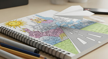 Close up of a colorful doodle drawing in a spiral notebook with a paper airplane on top