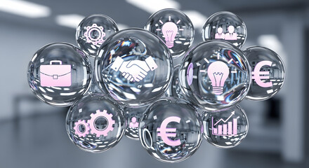 Business concept with icons inside bubbles including handshake gears and lightbulbs floating