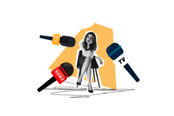 Composite photo collage of bored businesswoman sit chair interview broadcasting mic device news tv podcast isolated on painted background