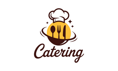 Professional catering logo design with chef hat utensils and sunburst emblem