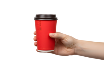 Hand holding a vibrant red disposable coffee cup with a dark lid, perfect for morning commutes or quick breaks, offering a sense of warmth and energy to your day.