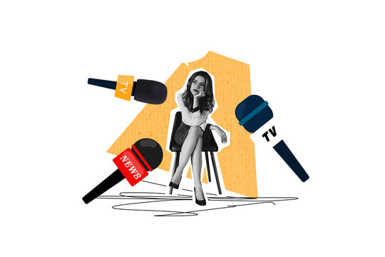 Composite photo collage of bored businesswoman sit chair interview broadcasting mic device news tv podcast isolated on painted background
