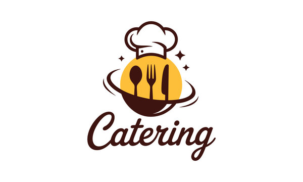 Professional catering logo design with chef hat utensils and sunburst emblem