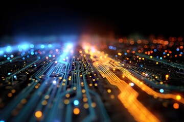 Vibrant Digital Landscape with Glowing Circuits and Lights