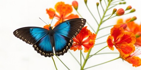 Peacock Royal butterfly (Tajuria cippus) sitting on peacock flower (Caesalpinia pulcherrima), blue metallic wings,