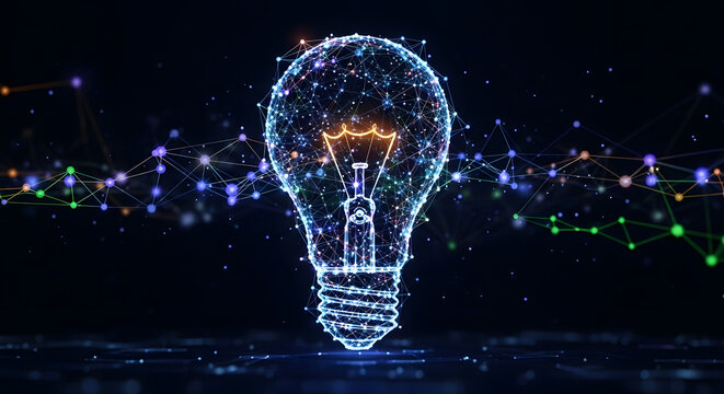 A lightbulb made of connected dots and lines glows on a dark background with network lines