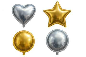 Gold and silver foil balloons isolated on transparent background, featuring heart, star, and round shapes for celebration
