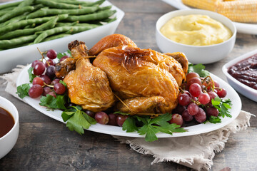 Thanksgiving roasted turkey with mashed potatoes, cranberry sauce and green beans on rustic wooden table. 