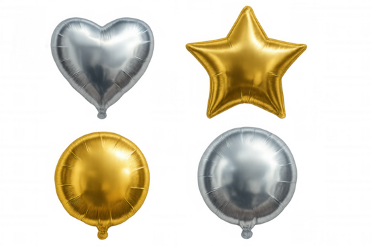 Gold and silver foil balloons isolated on transparent background, featuring heart, star, and round shapes for celebration