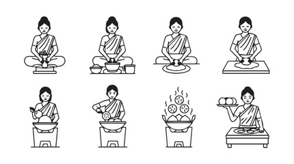 Monks performing traditional cooking rituals buddhist culinary arts line art vector