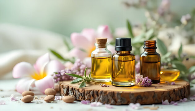 Holztablett mit Glasfl&auml;schchen &auml;therischer &Ouml;le