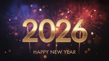 Majestic 2026 New Year card with regal gold 3D numbers, royal fireworks and elegant black backdrop