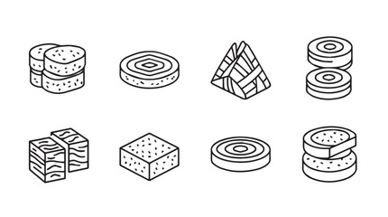 Isometric hand drawn food slices and cubes stacked and arranged for cooking and culinary concepts vector
